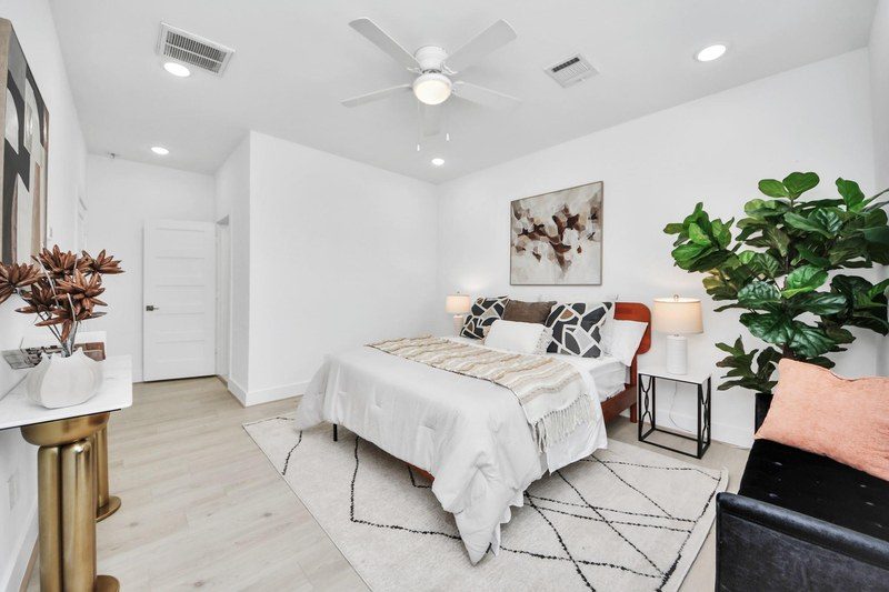 Staged bedroom in Houston, TX by Halo Staging & Design